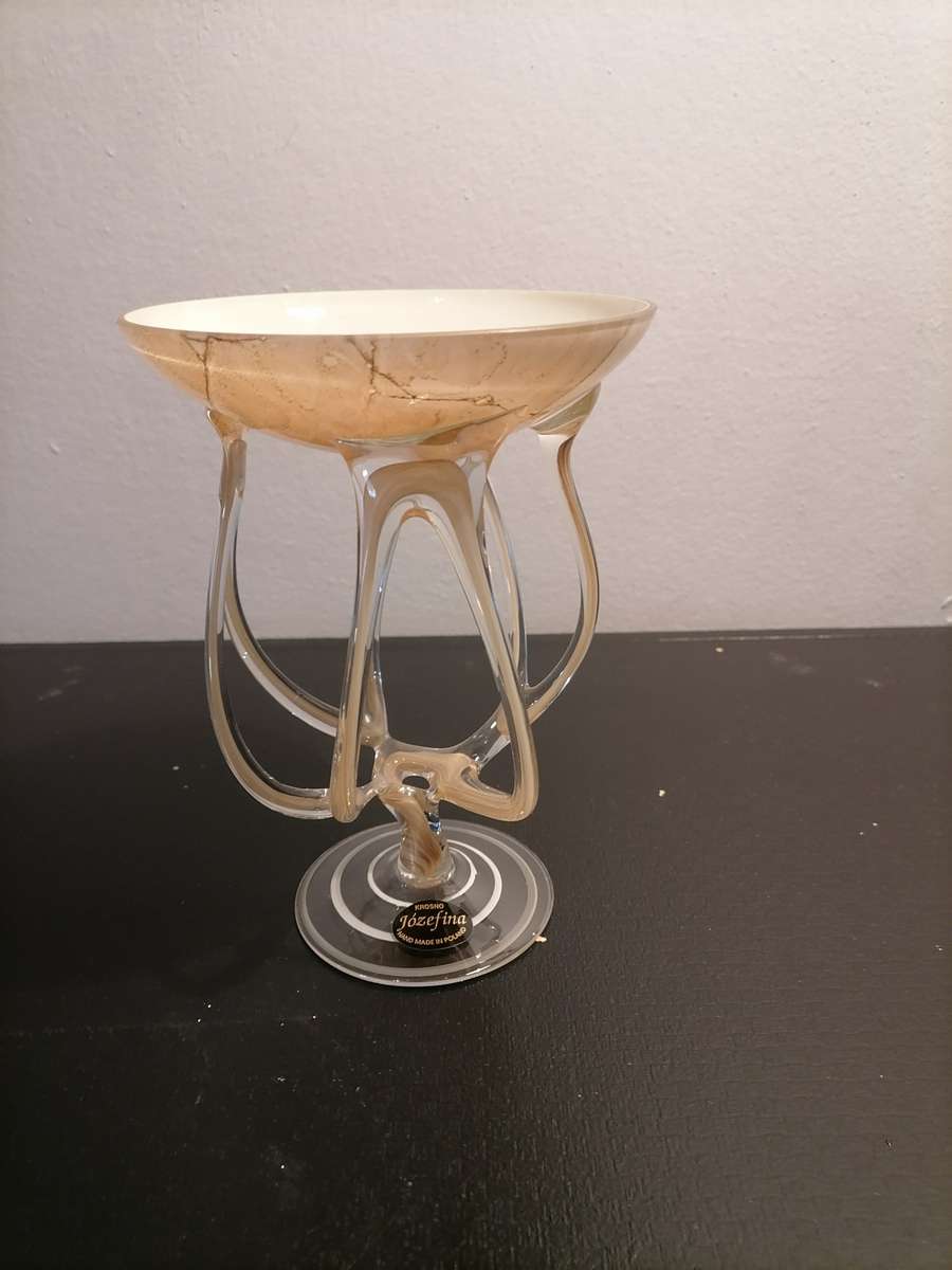 Krosno Jozefina Poland Candle Holder hand blown Cream, white & brown art glass "Octopus" - Beautiful
