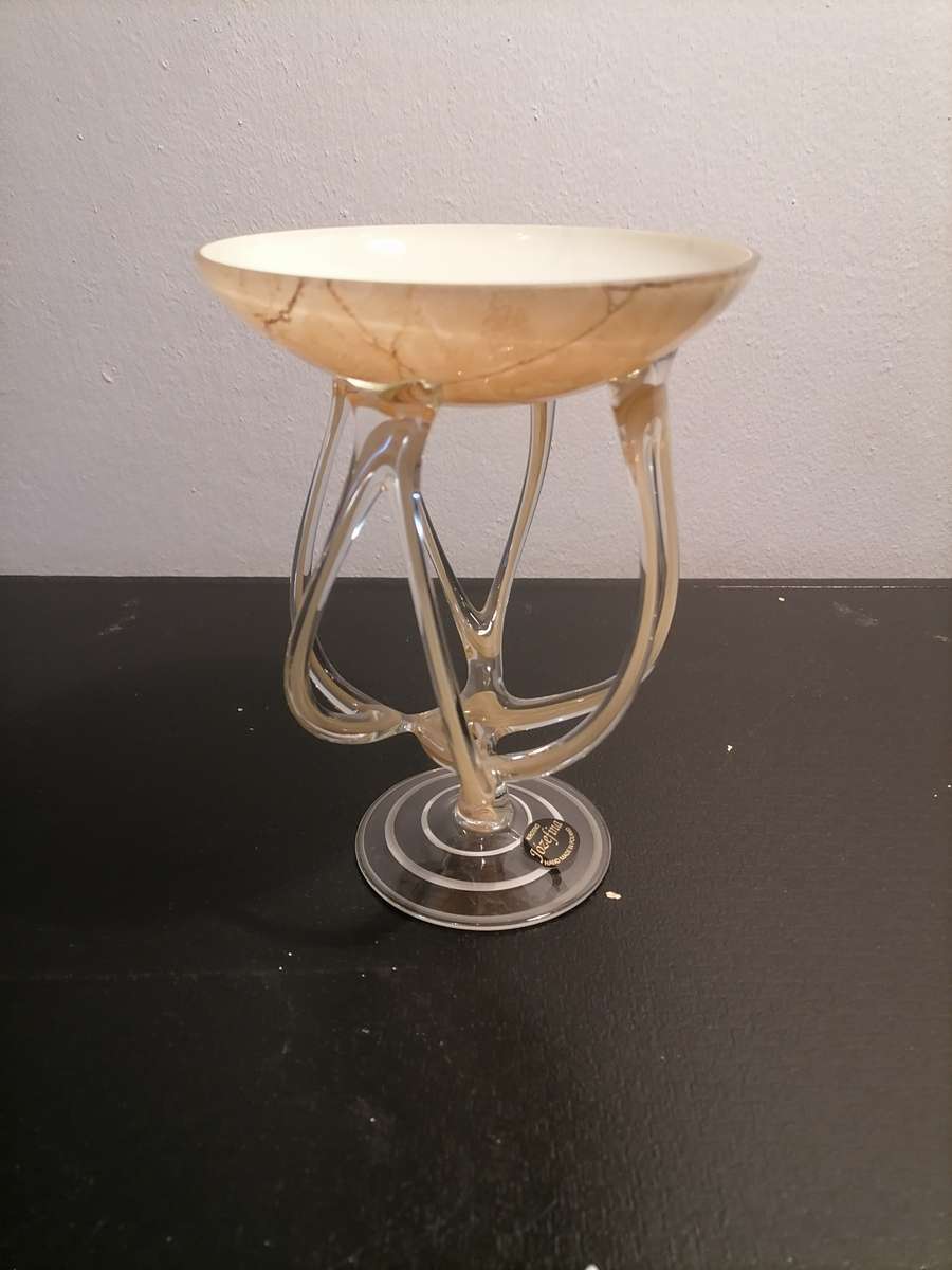 Krosno Jozefina Poland Candle Holder hand blown Cream, white & brown art glass "Octopus" - Beautiful