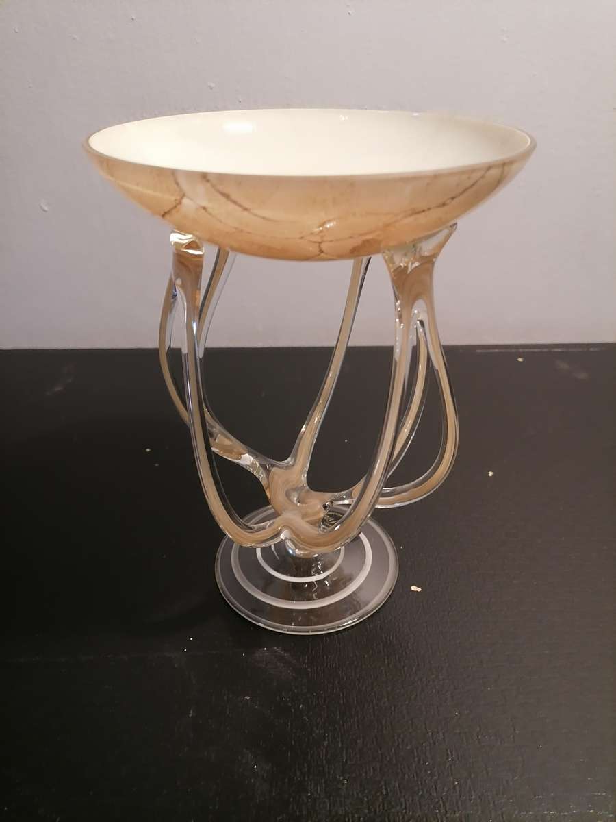 Krosno Jozefina Poland Candle Holder hand blown Cream, white & brown art glass "Octopus" - Beautiful