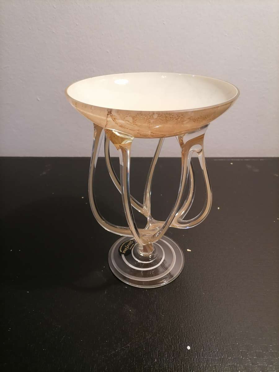 Krosno Jozefina Poland Candle Holder hand blown Cream, white & brown art glass "Octopus" - Beautiful