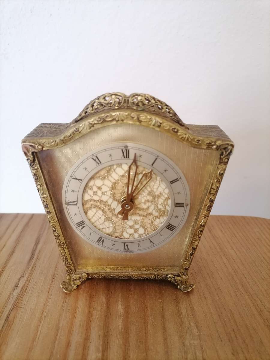 Small Brass 1954 4.25" High Carriage/Mantel Clock Fret Work - AS IS AS I DON'T HAVE THE KEYS TO WIND
