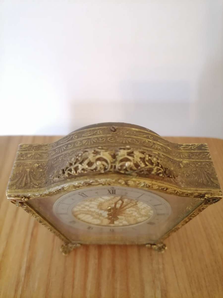 Small Brass 1954 4.25" High Carriage/Mantel Clock Fret Work - AS IS AS I DON'T HAVE THE KEYS TO WIND