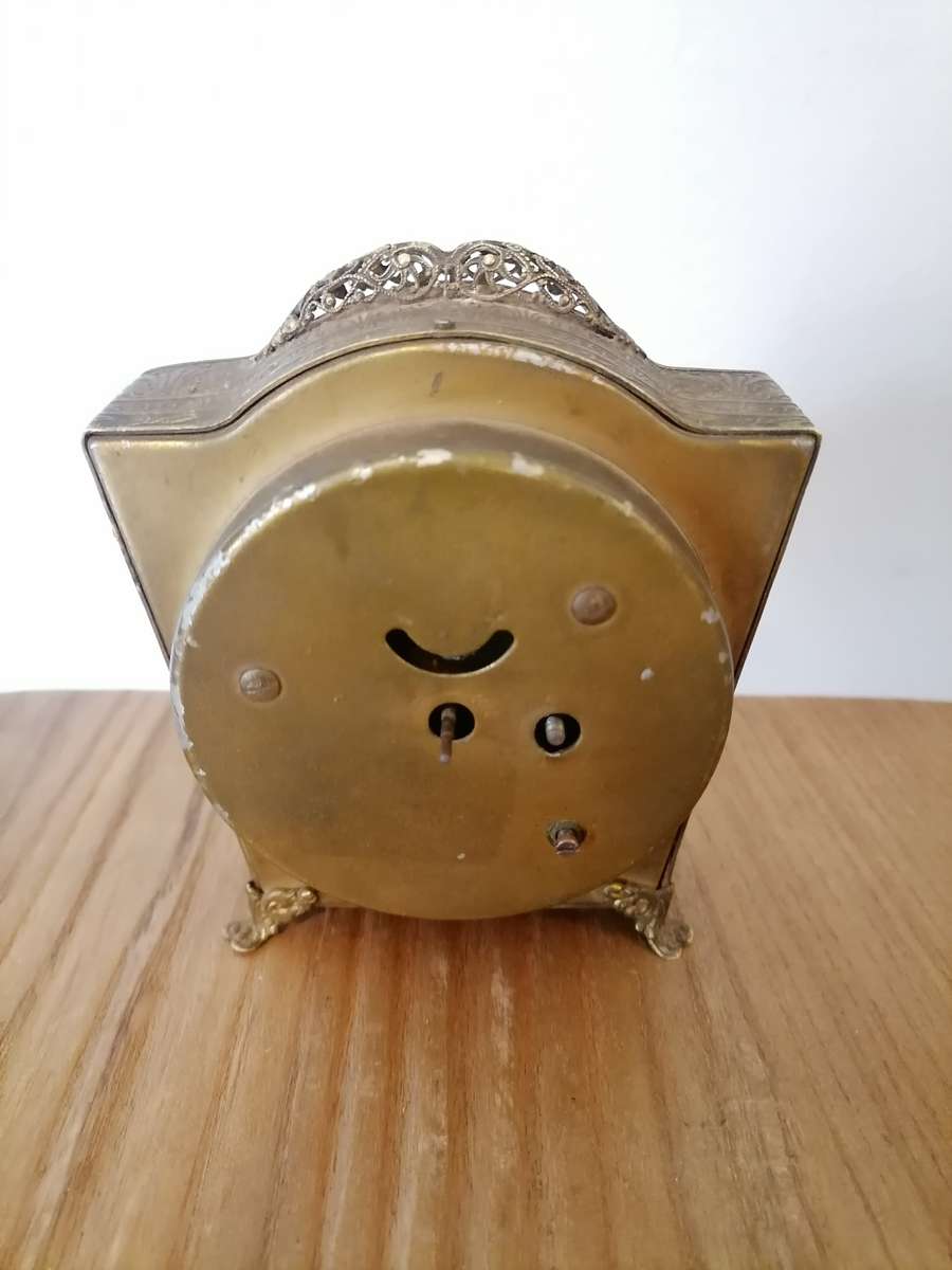 Small Brass 1954 4.25" High Carriage/Mantel Clock Fret Work - AS IS AS I DON'T HAVE THE KEYS TO WIND