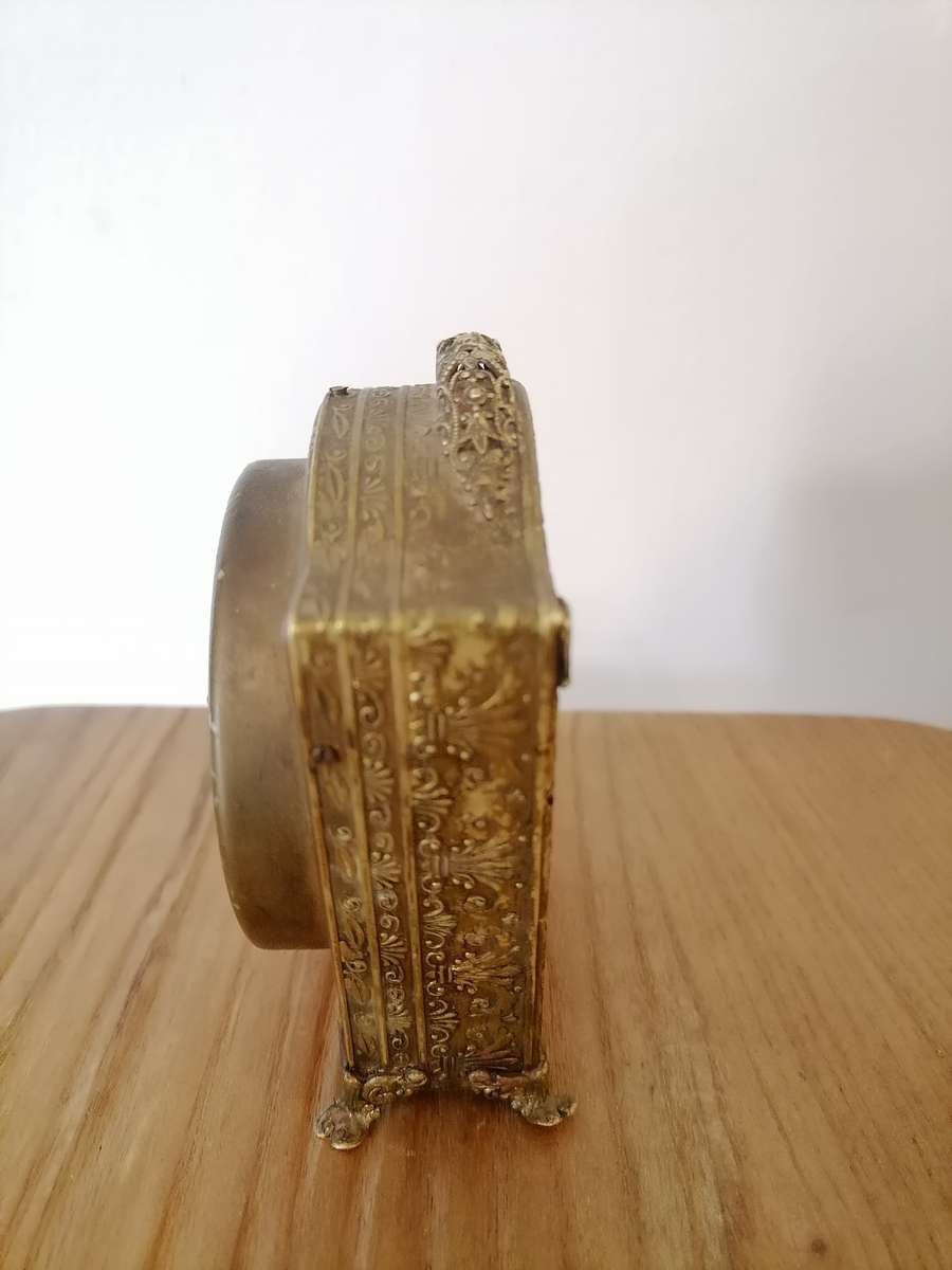Small Brass 1954 4.25" High Carriage/Mantel Clock Fret Work - AS IS AS I DON'T HAVE THE KEYS TO WIND