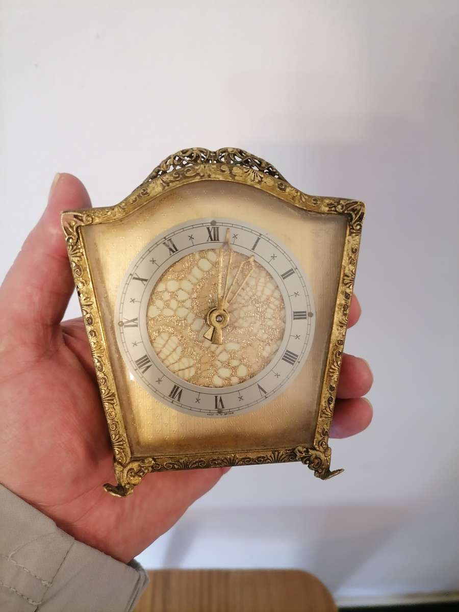 Small Brass 1954 4.25" High Carriage/Mantel Clock Fret Work - AS IS AS I DON'T HAVE THE KEYS TO WIND