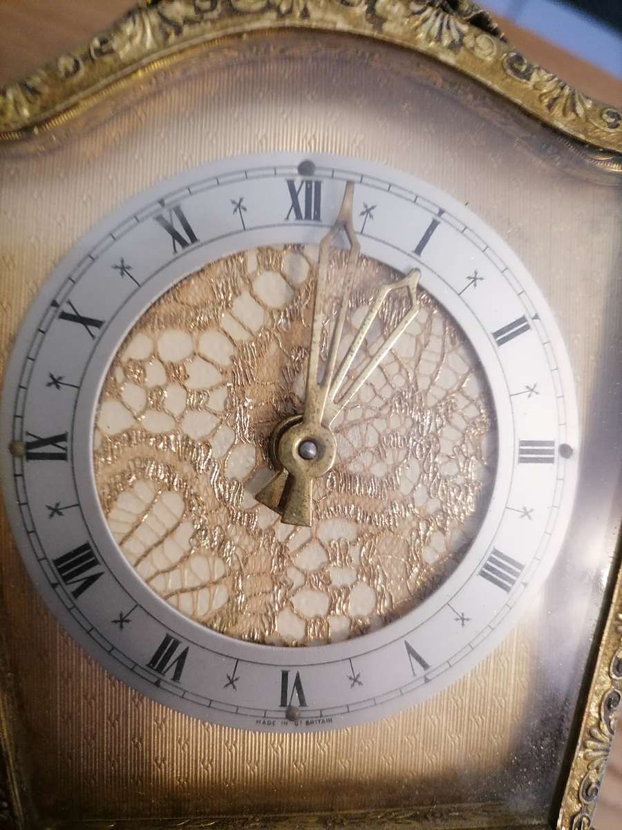 Small Brass 1954 4.25" High Carriage/Mantel Clock Fret Work - AS IS AS I DON'T HAVE THE KEYS TO WIND