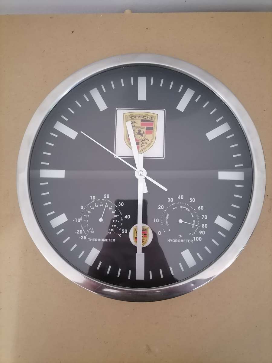 PORCHE Wall Clock 30 CM - STANLESS STEEL HOUSING - THERMOMETER & HYDROMETER - 100% WORKING