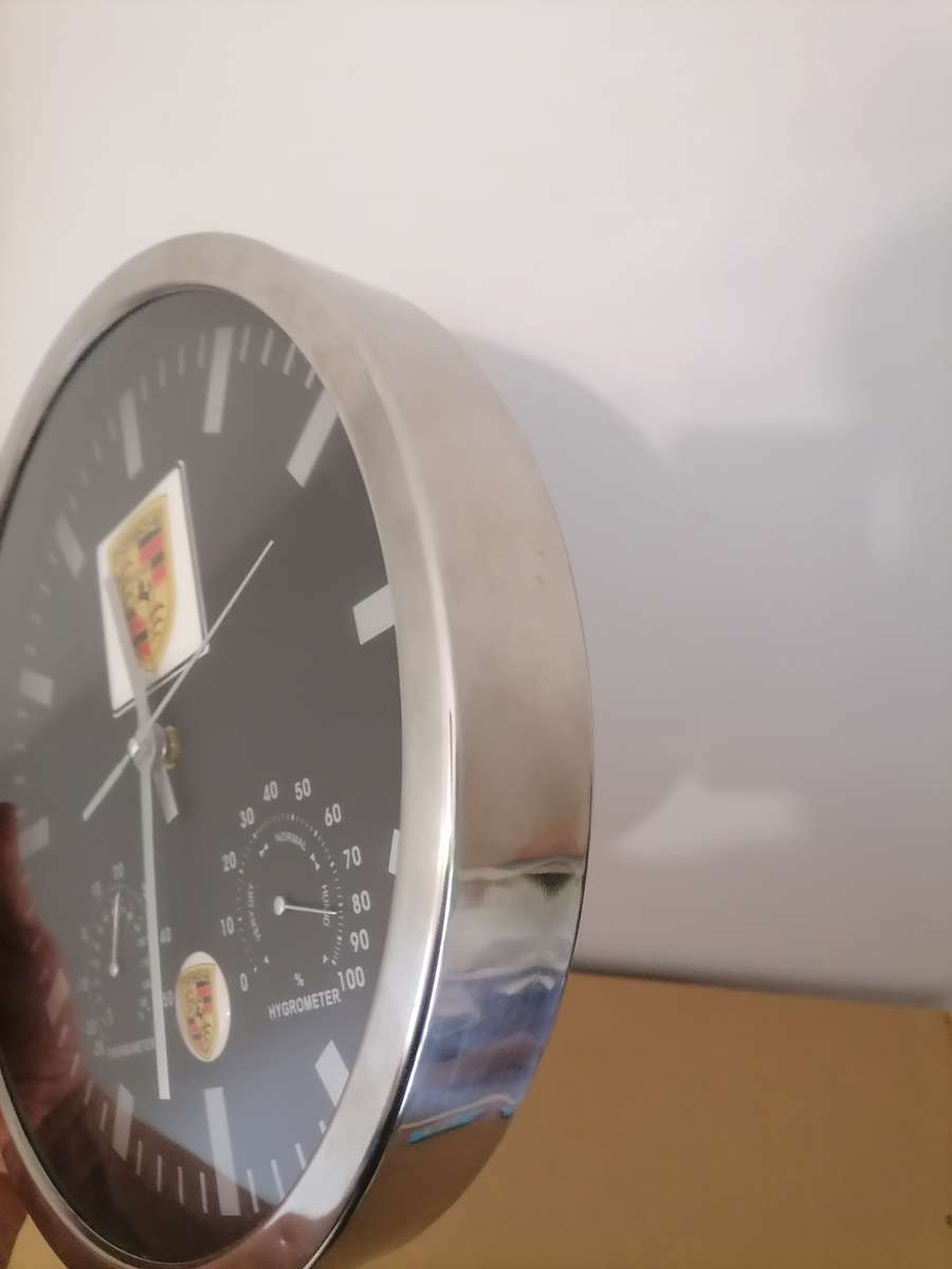 PORCHE Wall Clock 30 CM - STANLESS STEEL HOUSING - THERMOMETER & HYDROMETER - 100% WORKING