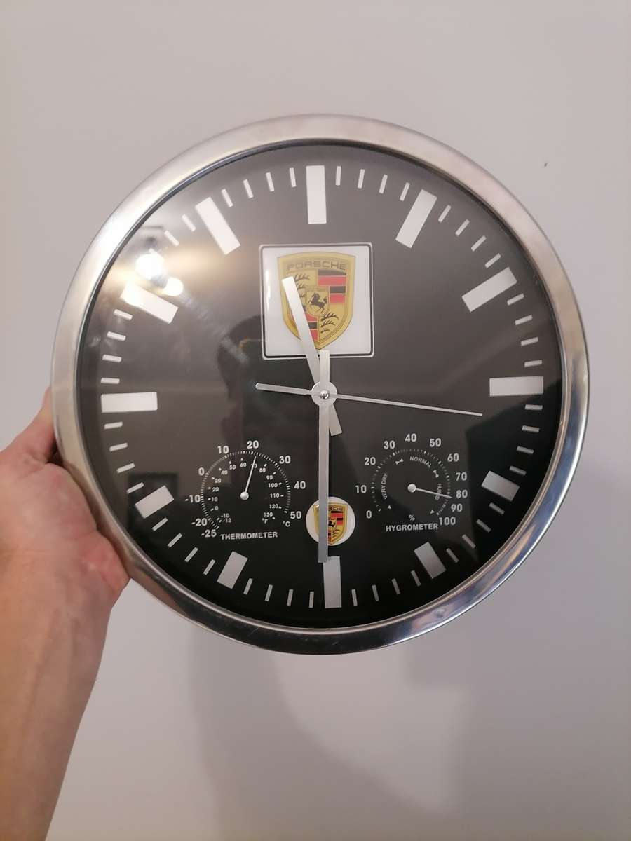 PORCHE Wall Clock 30 CM - STANLESS STEEL HOUSING - THERMOMETER & HYDROMETER - 100% WORKING