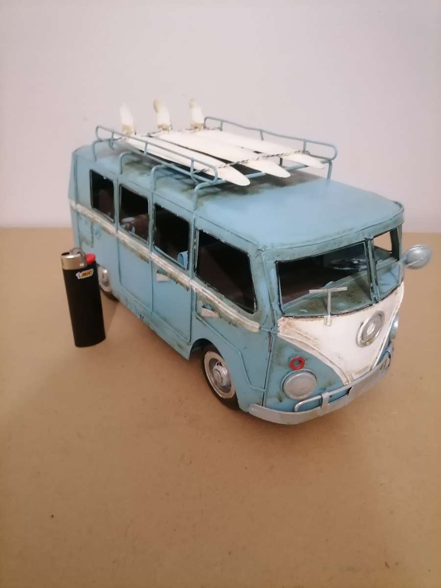 LARGE 30CM LONG VINTAGE VW STYLE SLIT WINDOW SAMBA BUS WITH SURFBOARDS TIN METAL CAMPER
