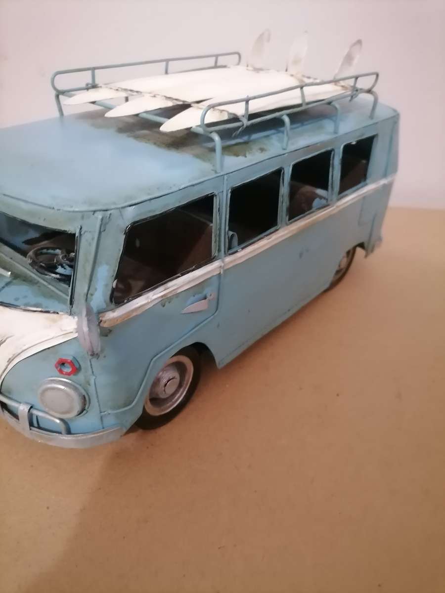 LARGE 30CM LONG VINTAGE VW STYLE SLIT WINDOW SAMBA BUS WITH SURFBOARDS TIN METAL CAMPER