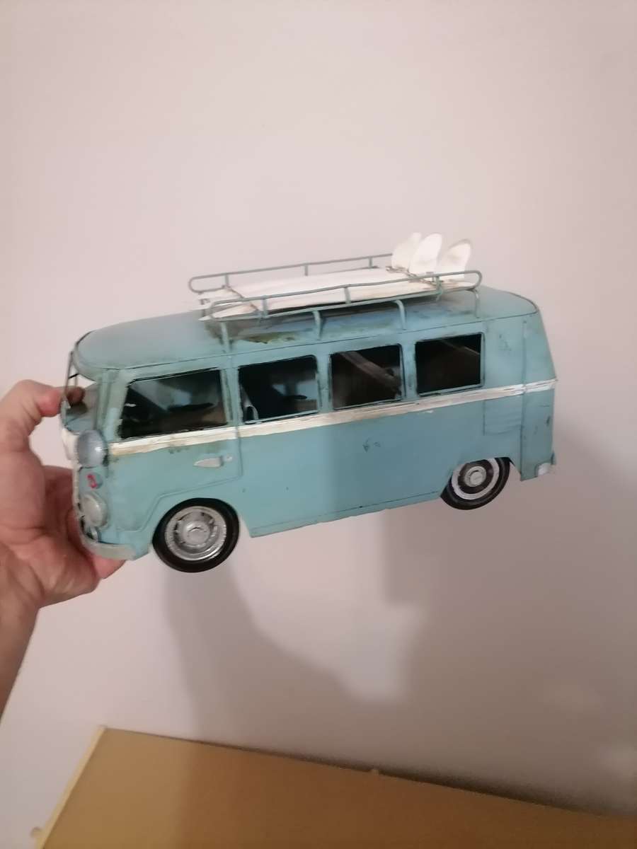 LARGE 30CM LONG VINTAGE VW STYLE SLIT WINDOW SAMBA BUS WITH SURFBOARDS TIN METAL CAMPER