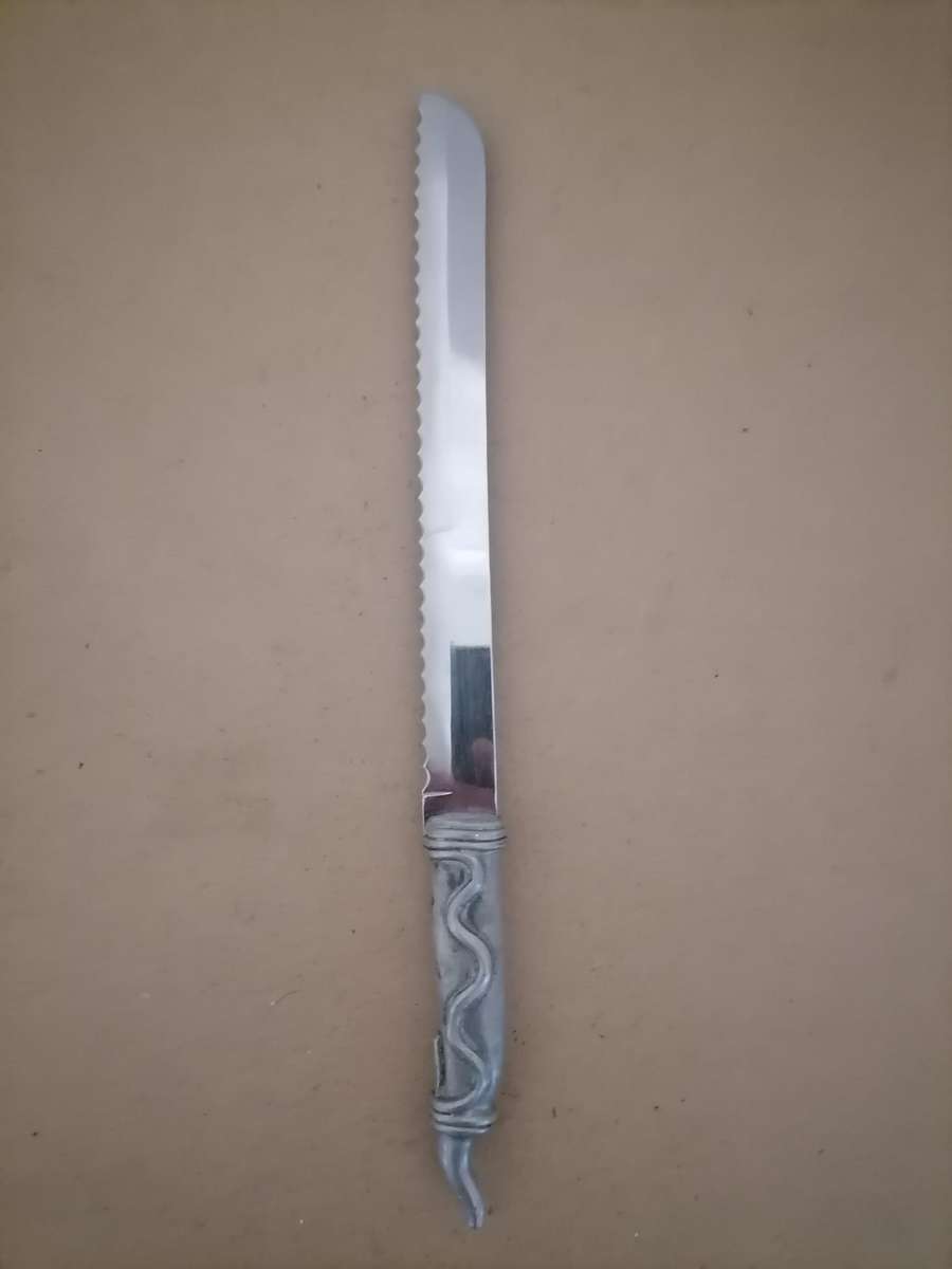 CARROL BOYES Pewter & Stainless Bread Meat Carving Knife Snake Like Pattern - 45 CM IN LENGTH