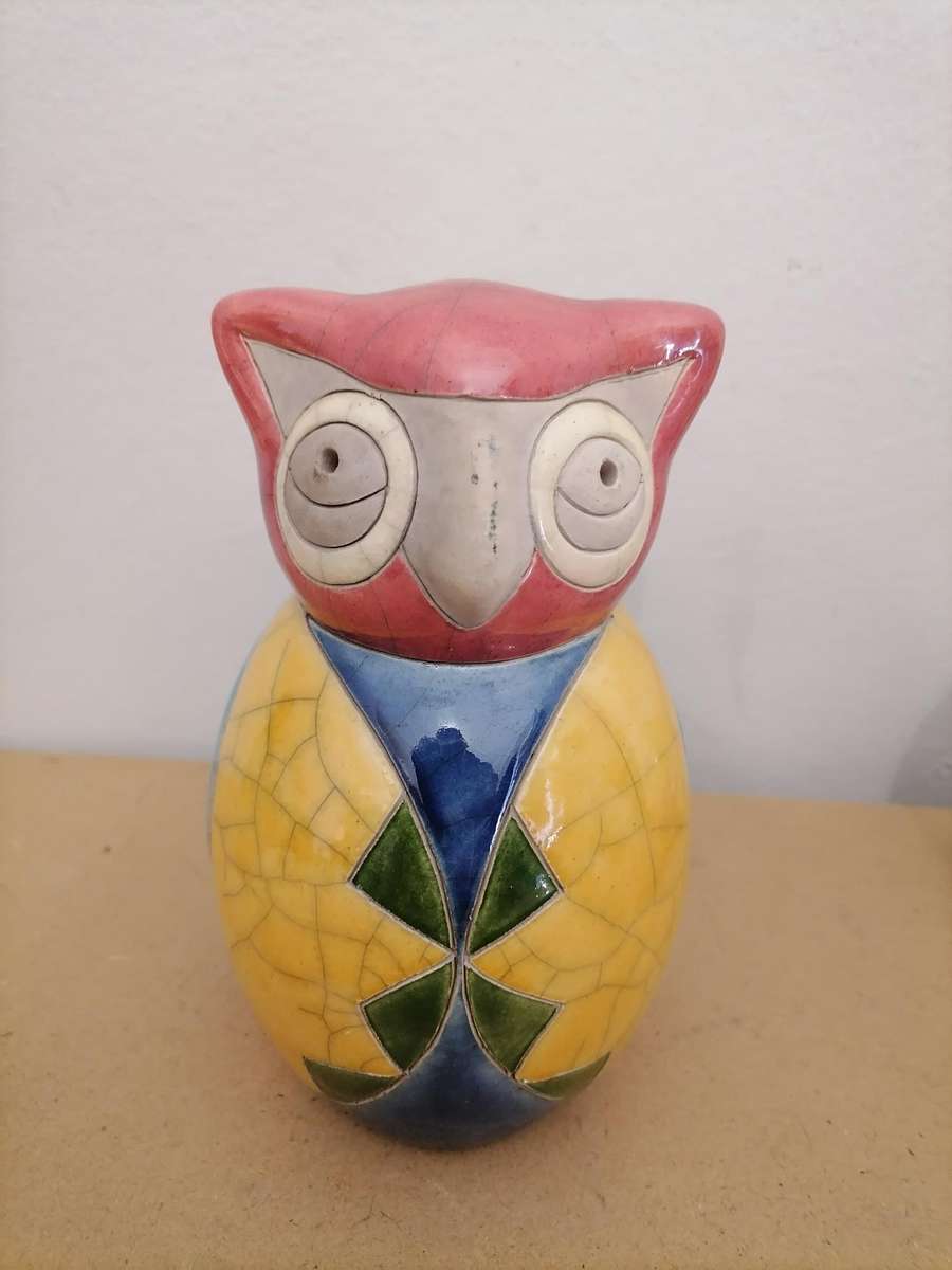 Raku South Africa 808 Owl Large. Subject - Bird - Owl - Handmade by African Artist JANINEX - 16 CM
