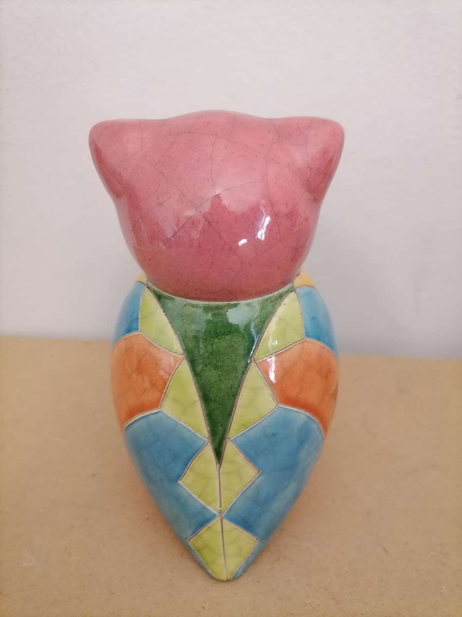 Raku South Africa 808 Owl Large. Subject - Bird - Owl - Handmade by African Artist JANINEX - 16 CM