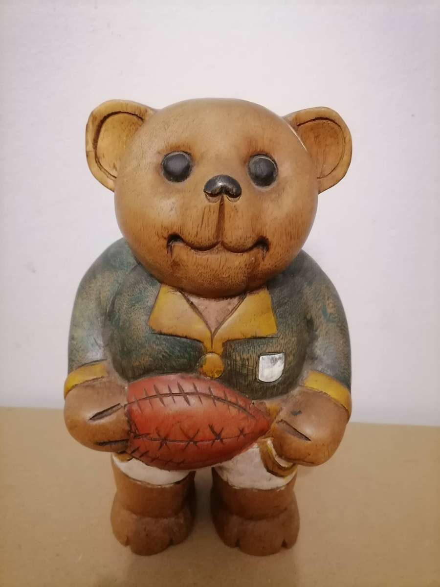 Vintage Hand Carved Solid Wooden Springbok Player Teddy Bear 23 CM H - 15 CM WIDTH