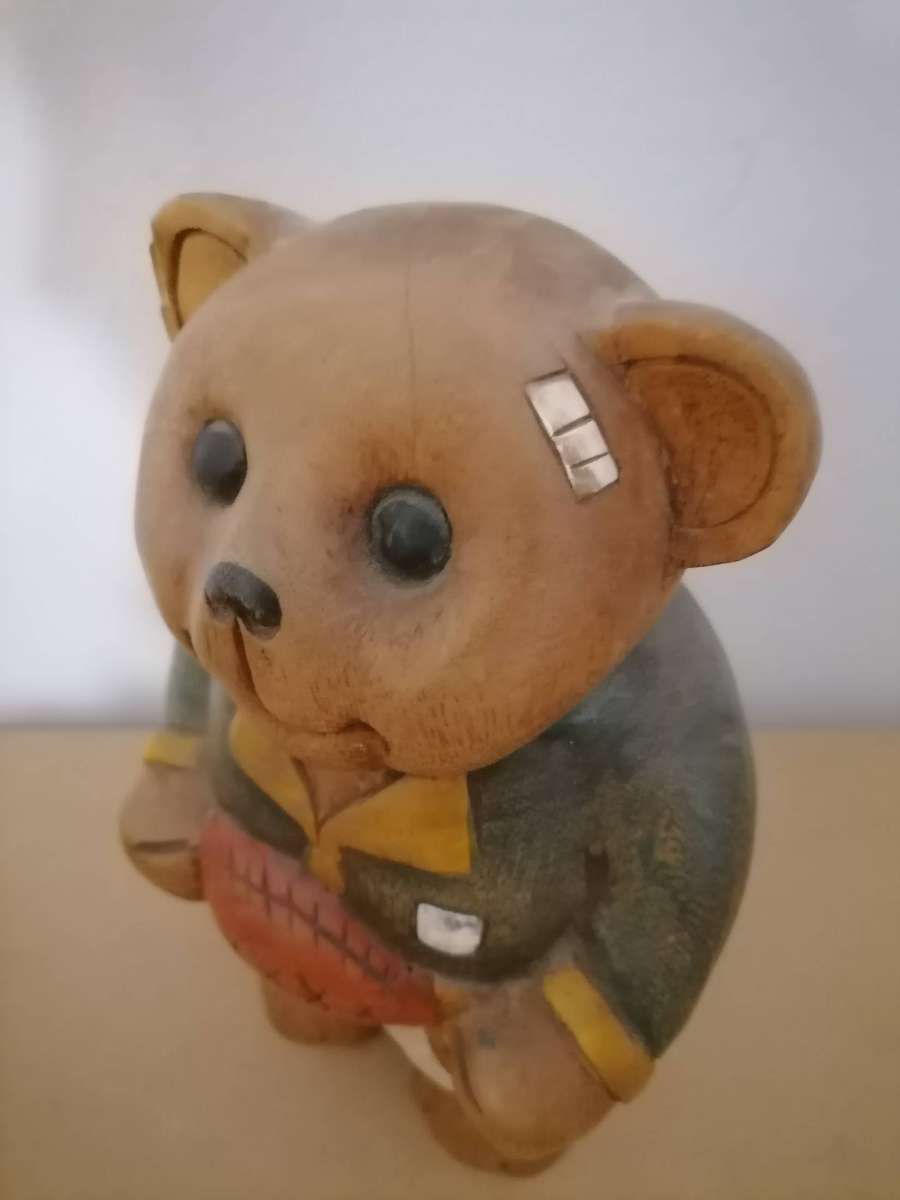 Vintage Hand Carved Solid Wooden Springbok Player Teddy Bear 23 CM H - 15 CM WIDTH