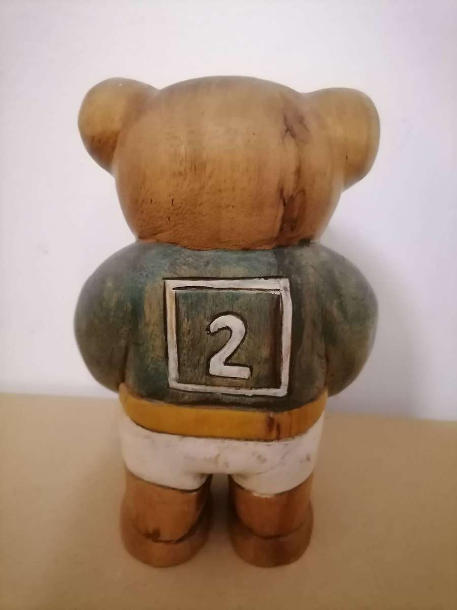 Vintage Hand Carved Solid Wooden Springbok Player Teddy Bear 23 CM H - 15 CM WIDTH
