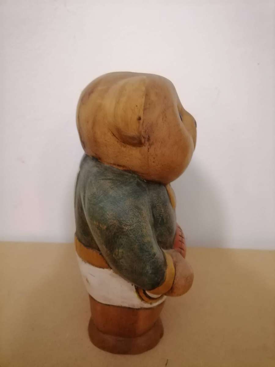 Vintage Hand Carved Solid Wooden Springbok Player Teddy Bear 23 CM H - 15 CM WIDTH