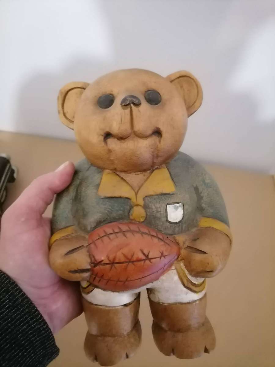 Vintage Hand Carved Solid Wooden Springbok Player Teddy Bear 23 CM H - 15 CM WIDTH