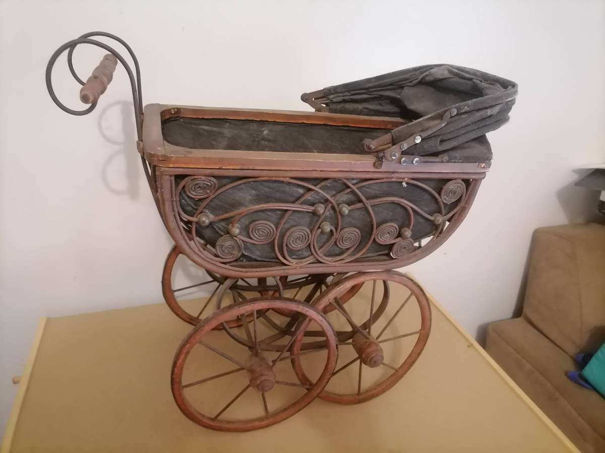 20th Century Antique Wicker Stroller,  Wicker Doll Buggy, Brown Black Pram, Doll Carriage, Newborn