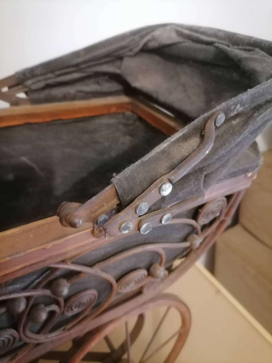 20th Century Antique Wicker Stroller,  Wicker Doll Buggy, Brown Black Pram, Doll Carriage, Newborn