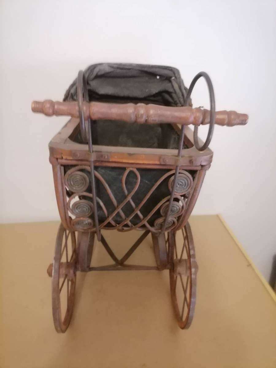 20th Century Antique Wicker Stroller,  Wicker Doll Buggy, Brown Black Pram, Doll Carriage, Newborn