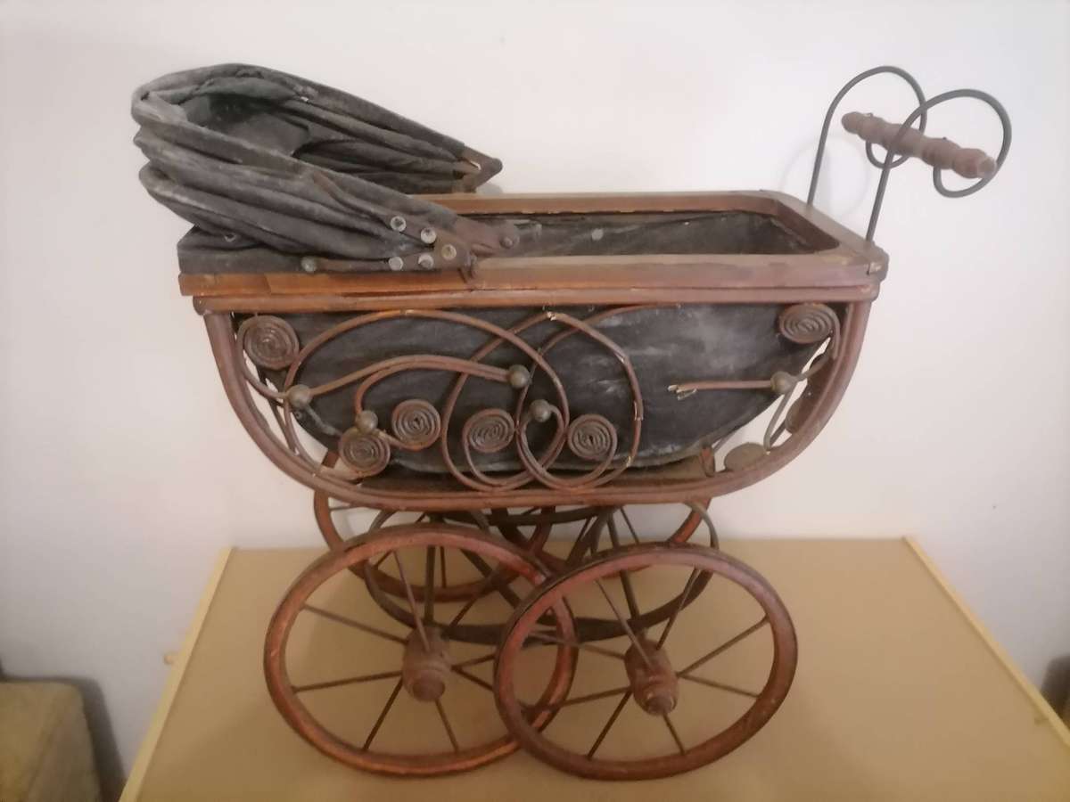 20th Century Antique Wicker Stroller,  Wicker Doll Buggy, Brown Black Pram, Doll Carriage, Newborn