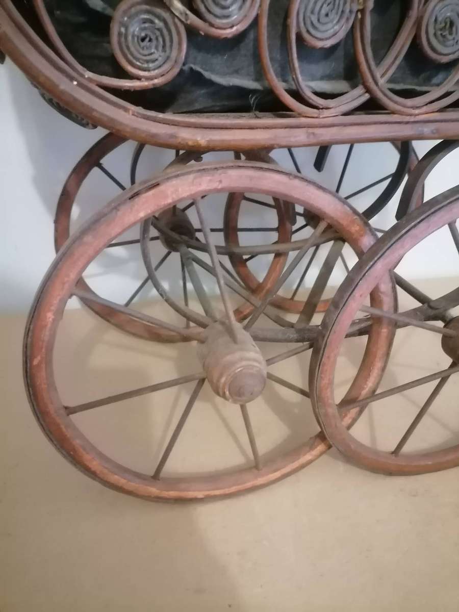 20th Century Antique Wicker Stroller,  Wicker Doll Buggy, Brown Black Pram, Doll Carriage, Newborn