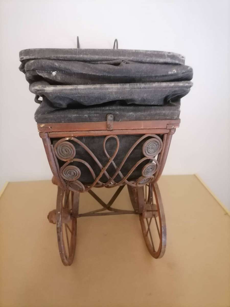 20th Century Antique Wicker Stroller,  Wicker Doll Buggy, Brown Black Pram, Doll Carriage, Newborn