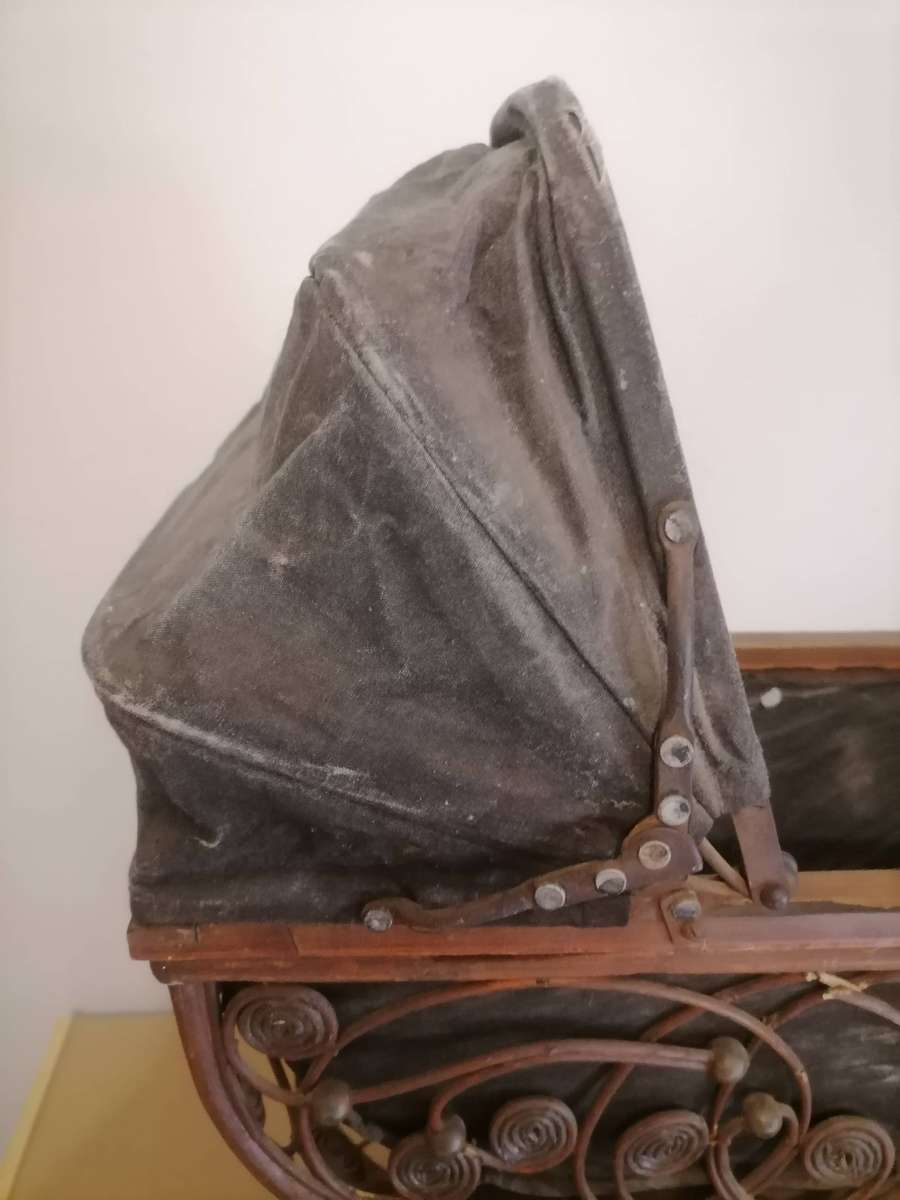 20th Century Antique Wicker Stroller,  Wicker Doll Buggy, Brown Black Pram, Doll Carriage, Newborn