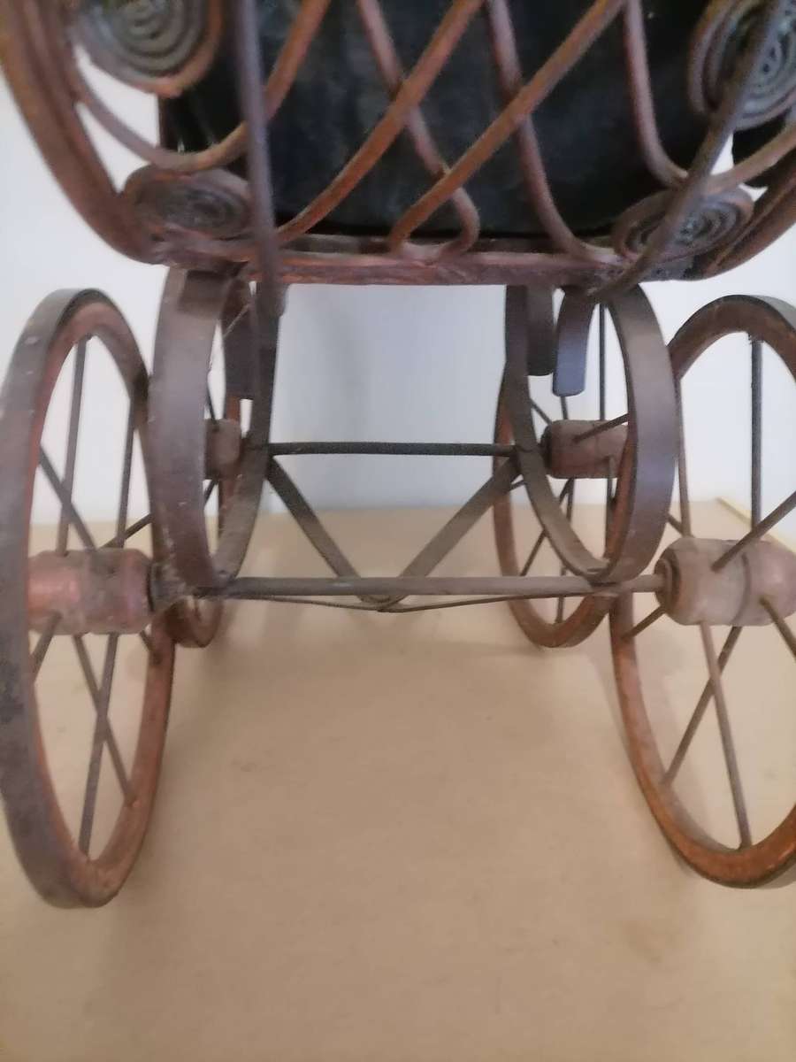 20th Century Antique Wicker Stroller,  Wicker Doll Buggy, Brown Black Pram, Doll Carriage, Newborn