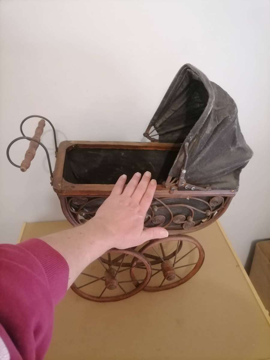 20th Century Antique Wicker Stroller,  Wicker Doll Buggy, Brown Black Pram, Doll Carriage, Newborn