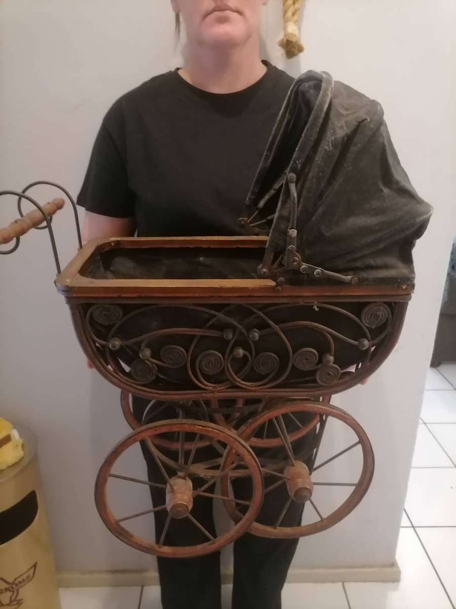 20th Century Antique Wicker Stroller,  Wicker Doll Buggy, Brown Black Pram, Doll Carriage, Newborn