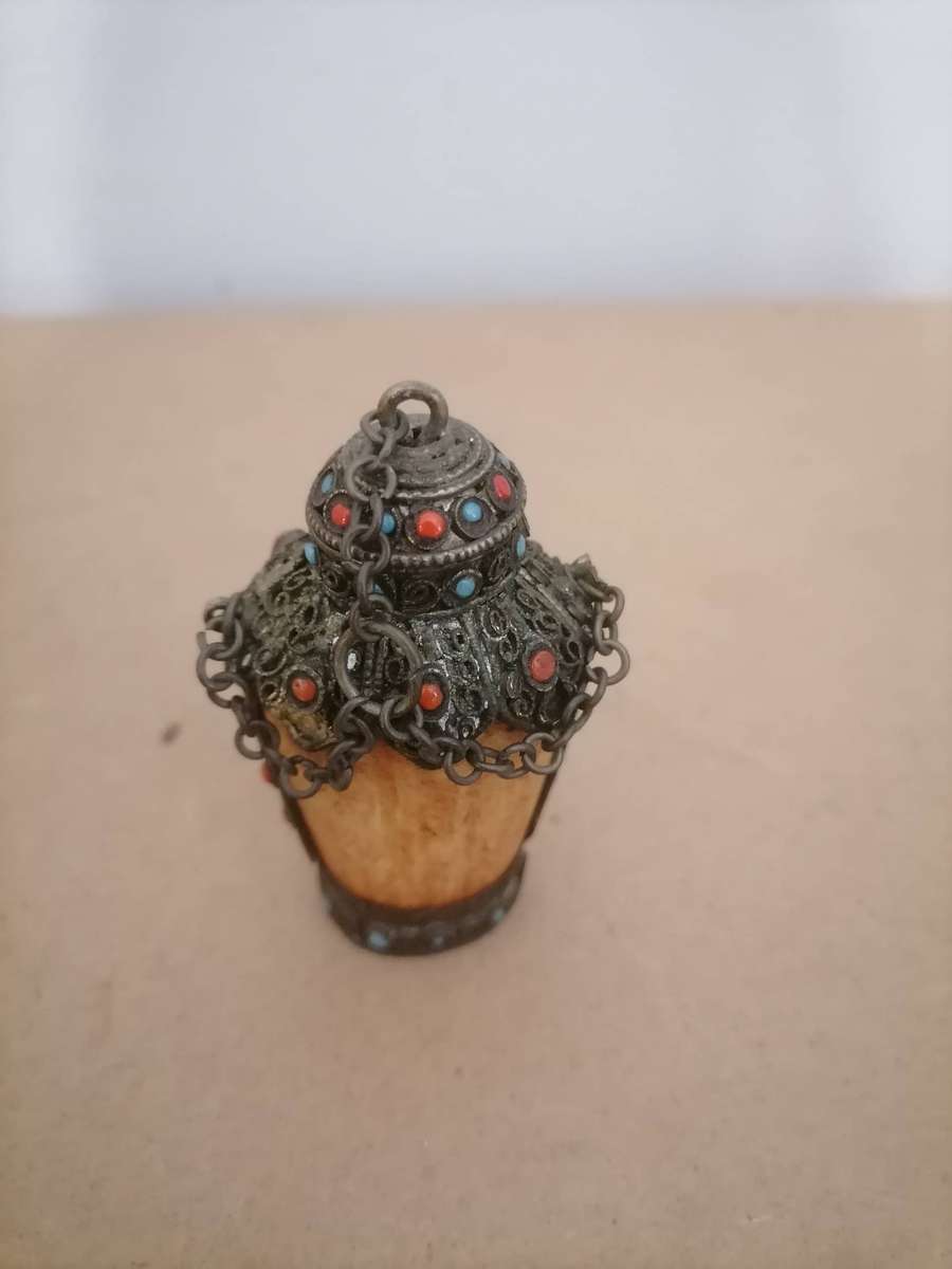 Antique Opium Tibetan Fine Bone and Metal Miniature Snuff Bottle Red Blue SEMI presious Stone