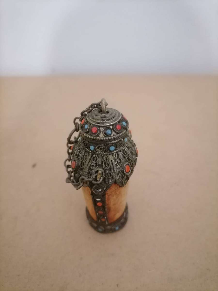 Antique Opium Tibetan Fine Bone and Metal Miniature Snuff Bottle Red Blue SEMI presious Stone