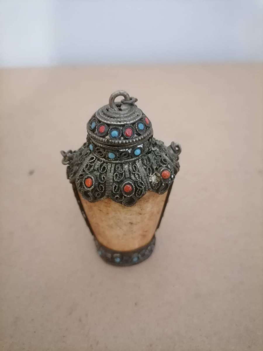 Antique Opium Tibetan Fine Bone and Metal Miniature Snuff Bottle Red Blue SEMI presious Stone