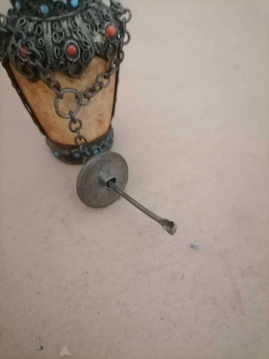 Antique Opium Tibetan Fine Bone and Metal Miniature Snuff Bottle Red Blue SEMI presious Stone