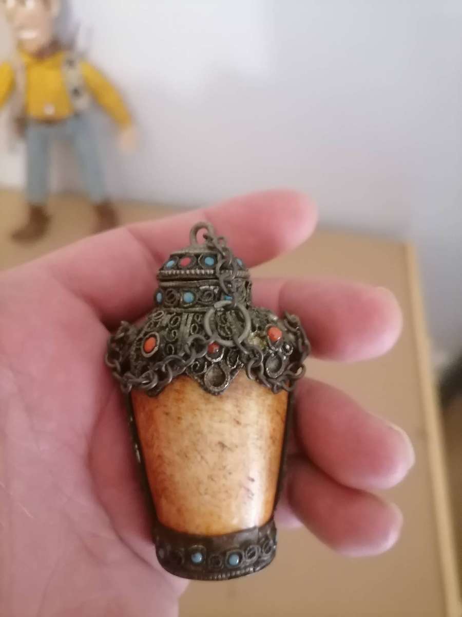 Antique Opium Tibetan Fine Bone and Metal Miniature Snuff Bottle Red Blue SEMI presious Stone