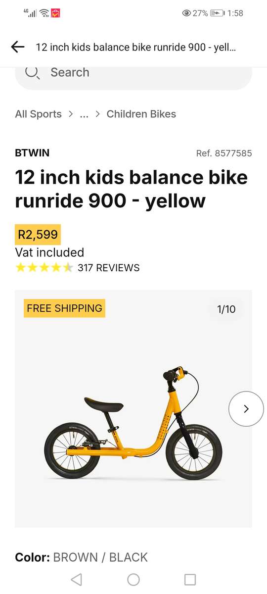 **R2599. 00** 12 inch kids balance bike runride 900 - yellow