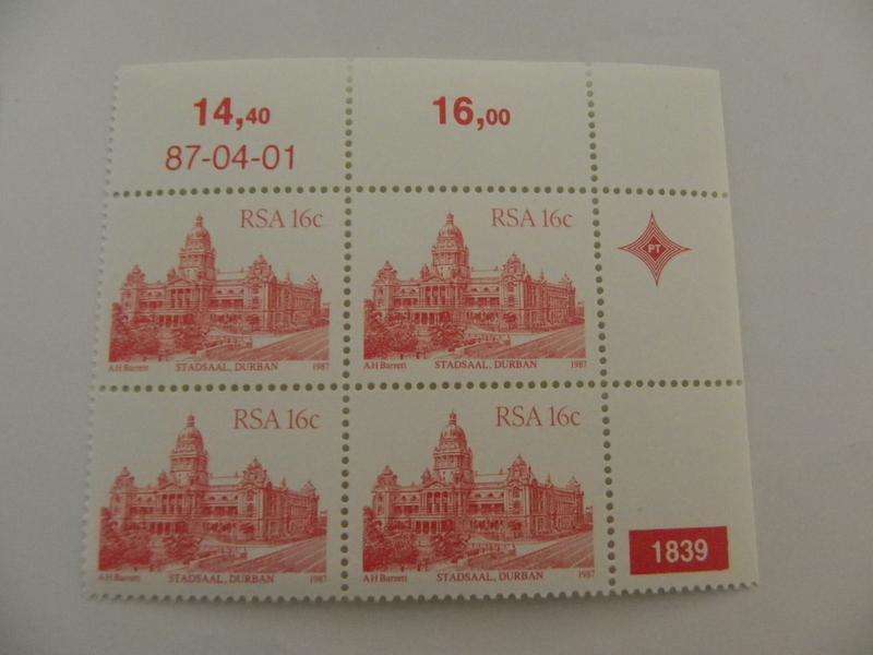 RSA 4th Definitive Series (1982) - 16c Mint Control Block #1839 Dated 87.04.01