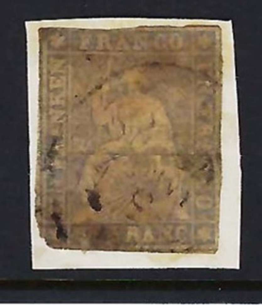SWITZERLAND - 1854 - RARE 1 FRANC LILAC - USED ON PIECE SG 38a - CV  R 25,635.00 - VIEW BELOW (X)