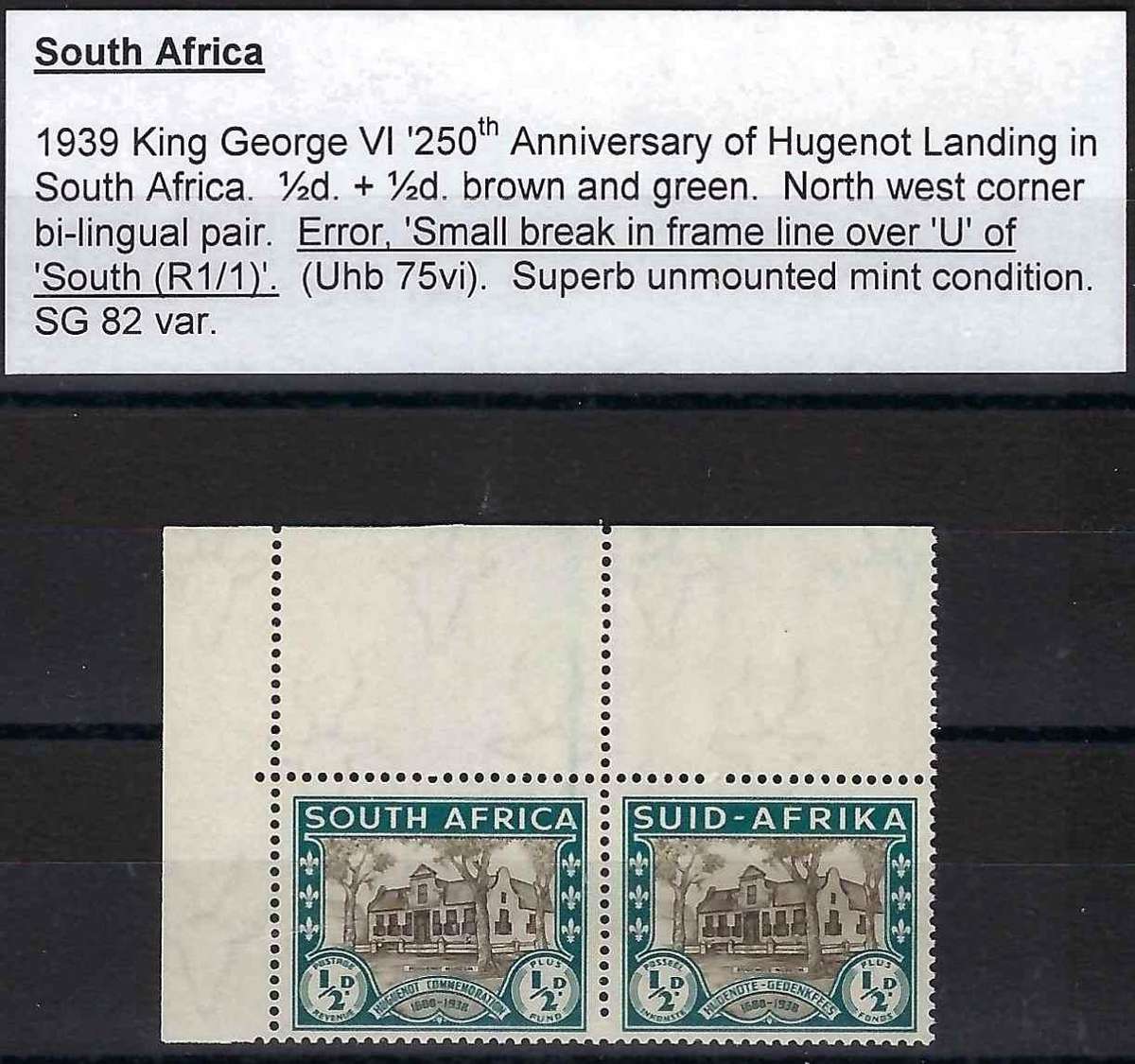 SA UNION - 1939 - HUGENOT LANDING - BREAK IN FRAME VARIETY - SG 82 var