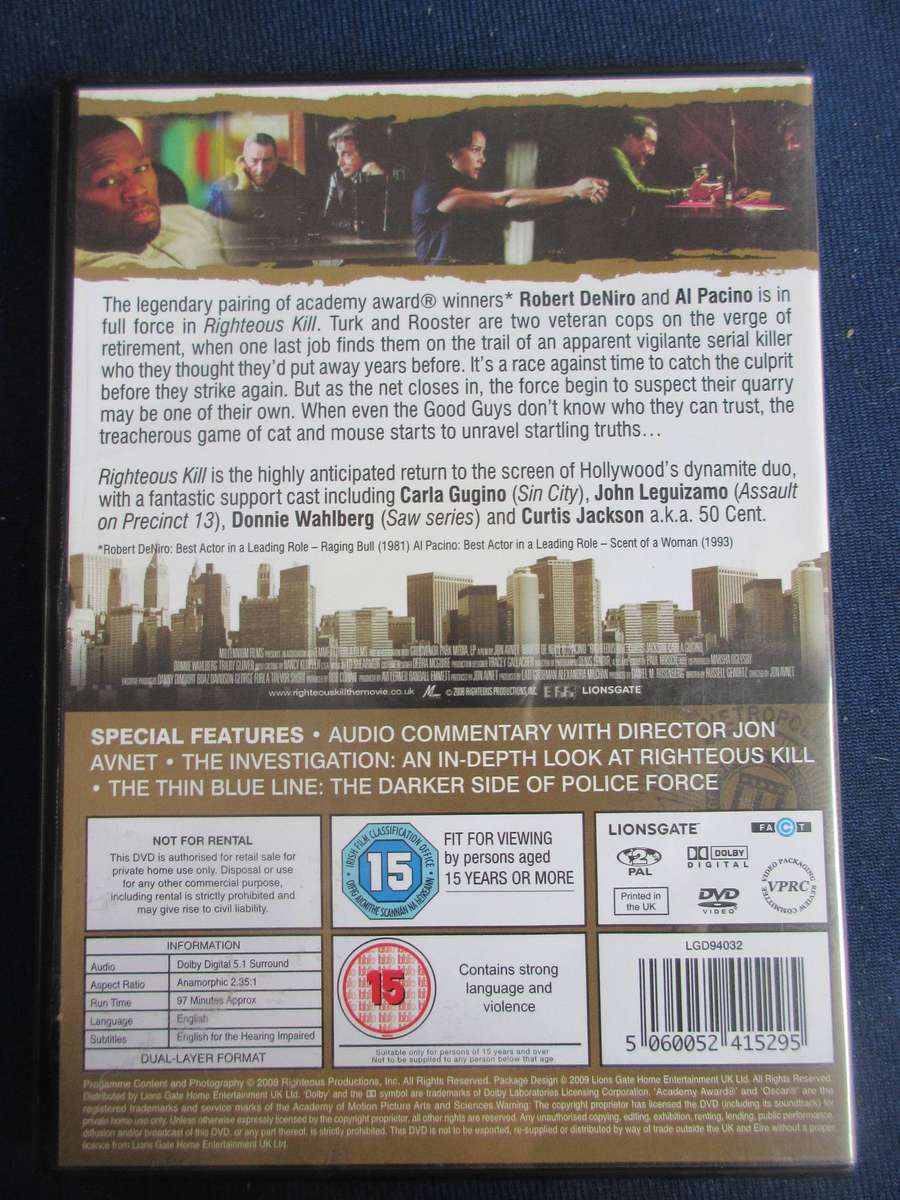 Righteous Kill  DVD Robert De Niro Al Pacino [BBOX 13] Region 2