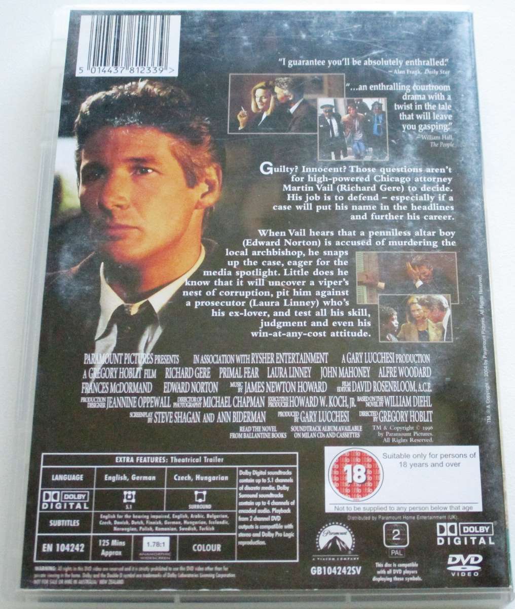 PRIMAL FEAR Richard Gere DVD [BBOX 8]