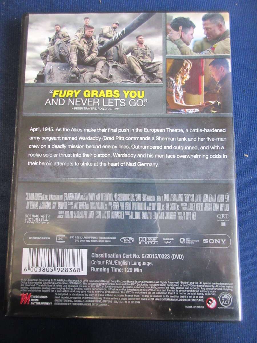 Fury DVD Brad Pitt [Boxset Shelf] Region 2