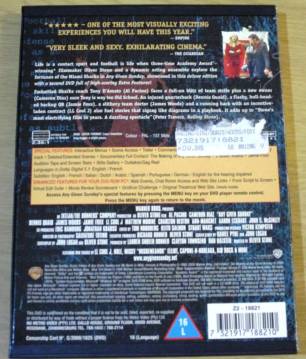 ANY GIVEN SUNDAY Al Pacino Cameron Diaz DVD [BBOX 1] Region 2