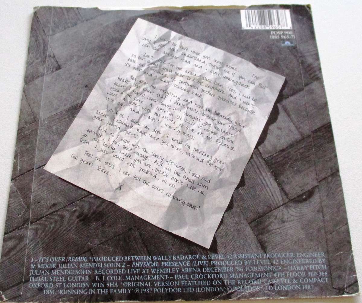 LEVEL 42 It's Over 7` Single VINYL Record
