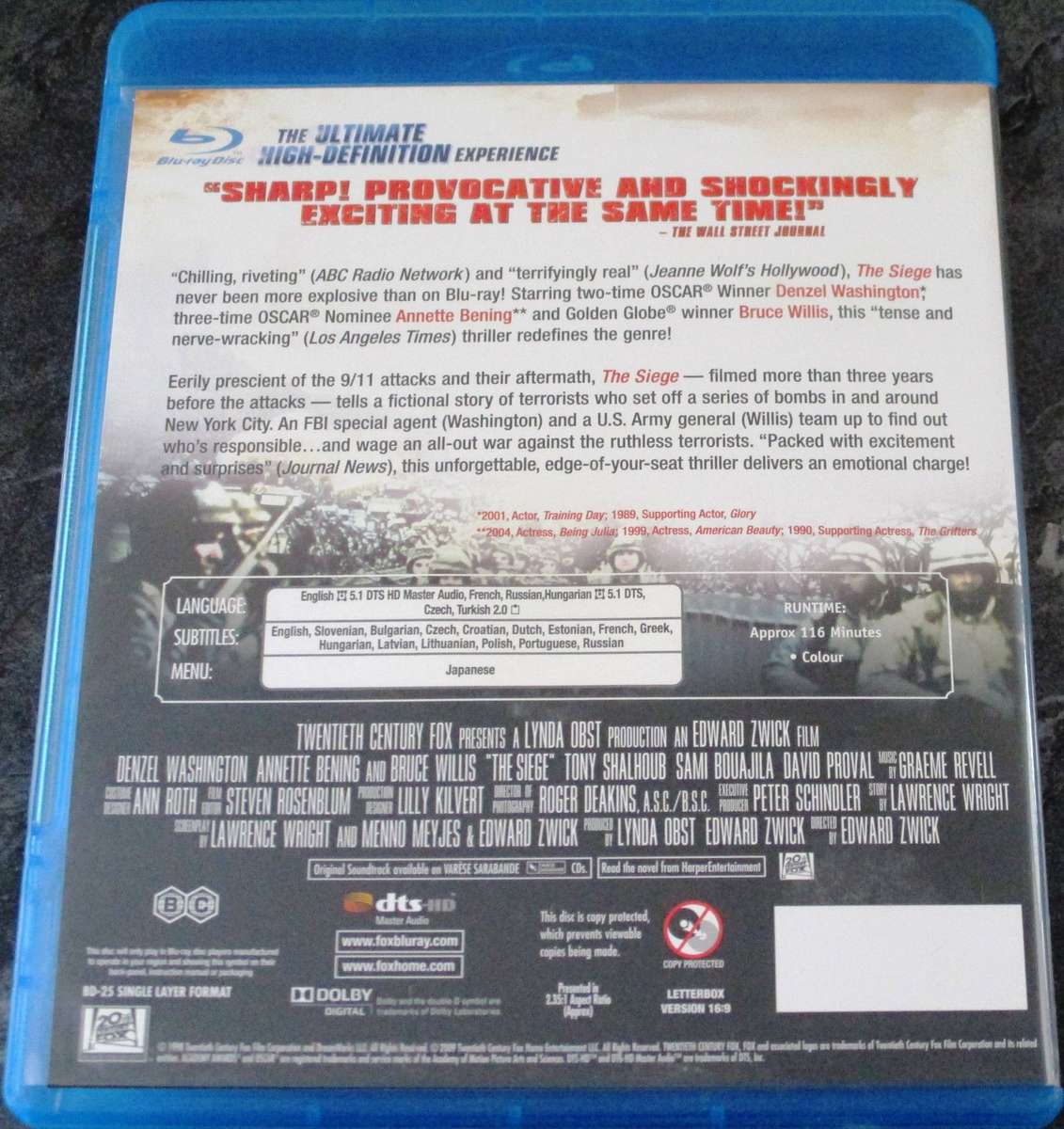 THE SIEGE BLU RAY Bruce Willis Denzel Washington