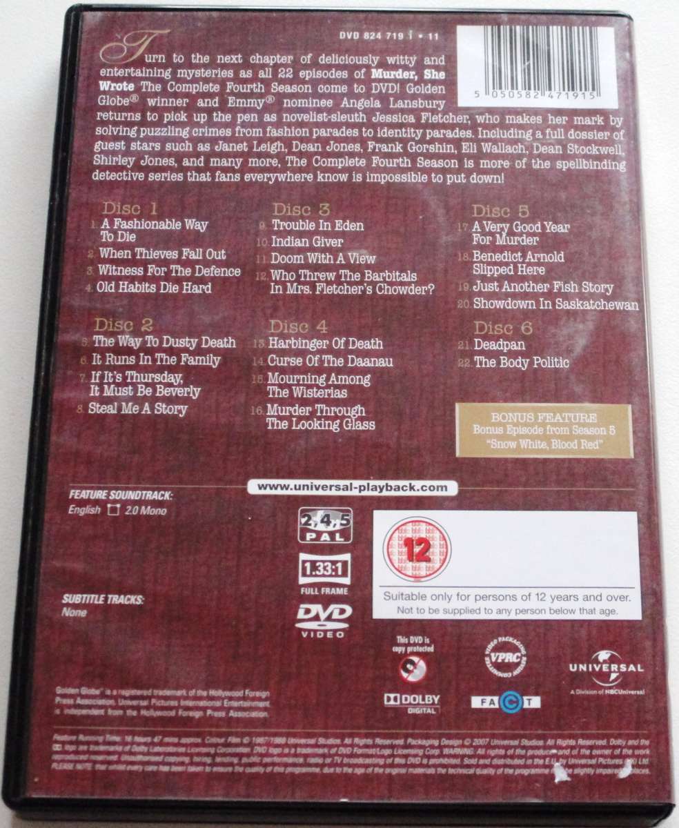 MURDER, SHE WROTE The Complete Fourth Season 6 DVD BOX SET [Box Set shelf]